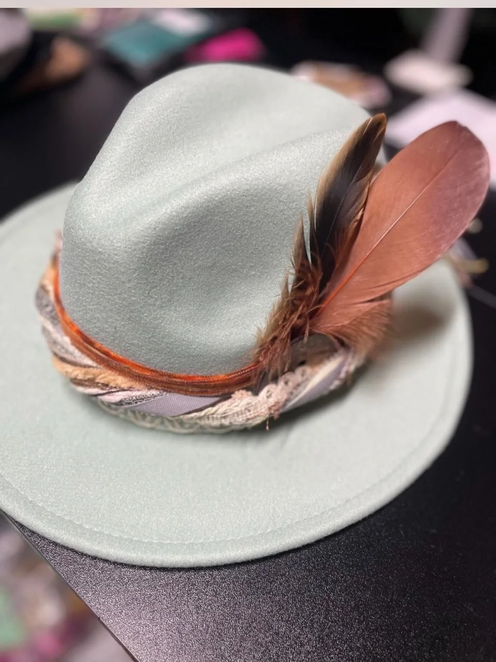 Forever 21 Mint Fedora with Orange Feather Accents